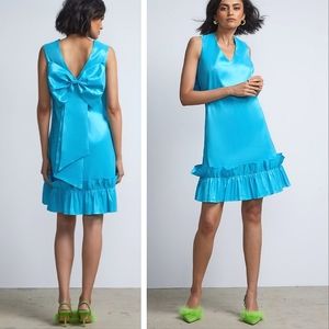 NWT NY & Co Teal Satin Oversized Bow‎ Tiered Ruffle Mini Dress Size Medium